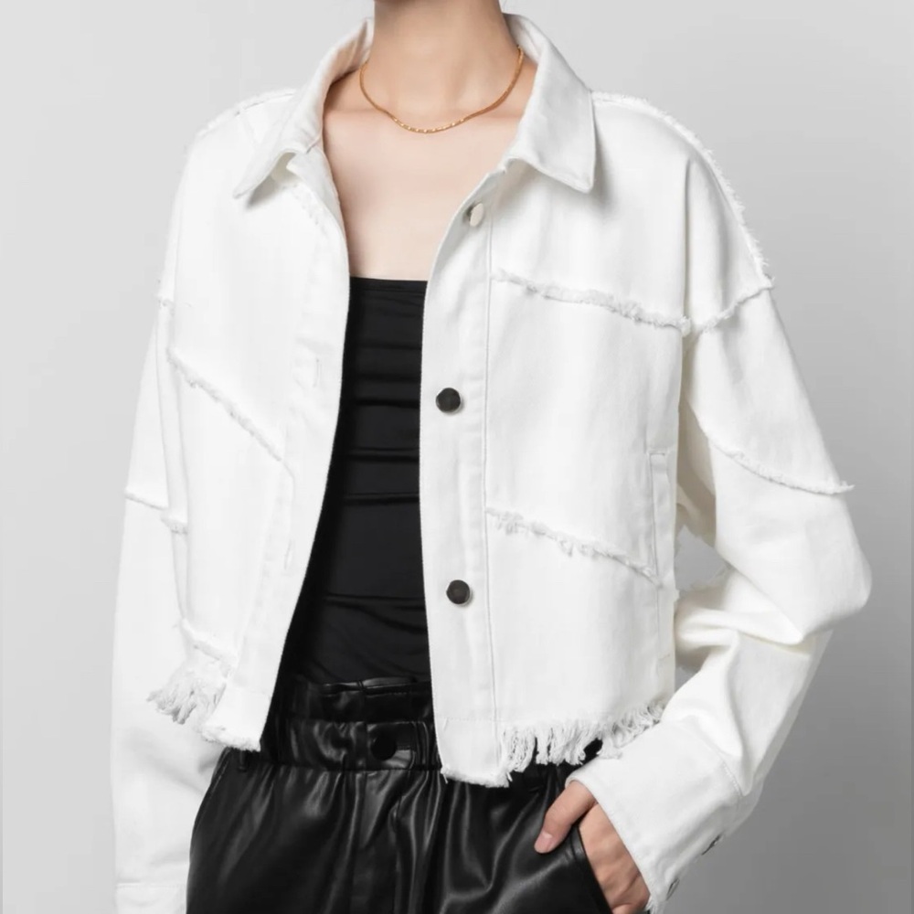 NEW Ksenia Schnaider Cropped Deconstructed White Denim Frayed Jacket, Size 0
